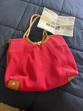 Michael Kors Red Canvas Tote with Tan Leather Trim and Rope Handles